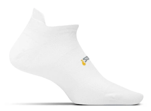 Feetures! High Performance Ultra Light Cushion No-Show Tab Running Socks - White (FA5500) -Running Sports Store HP UL Tab White sock on foot form