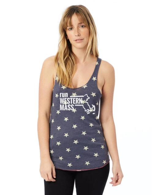 Women's Western Mass Racerback Stars And Stripes Tank - Navy Blue (RUNWEST-AA1927P-S) -Running Sports Store aa1927p gy z 3